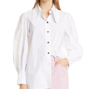 NWOT Ganni Frill Collar Puff Sleeve Organic Cotton Poplin Shirt